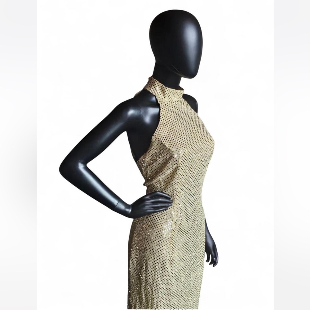 Vintage Y2K Roberta Gold Metallic Sequins Halter Maxi Dress - Picture 3 of 7